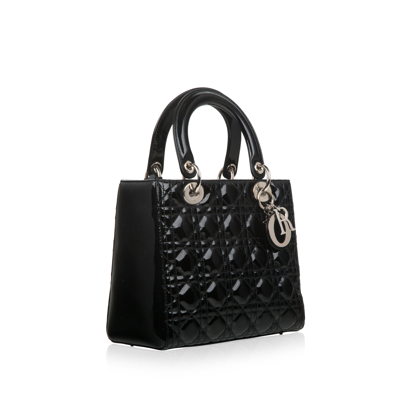 Dior Christian Lady Shoulder Bag Leather Patent Black Patent Leather Medium