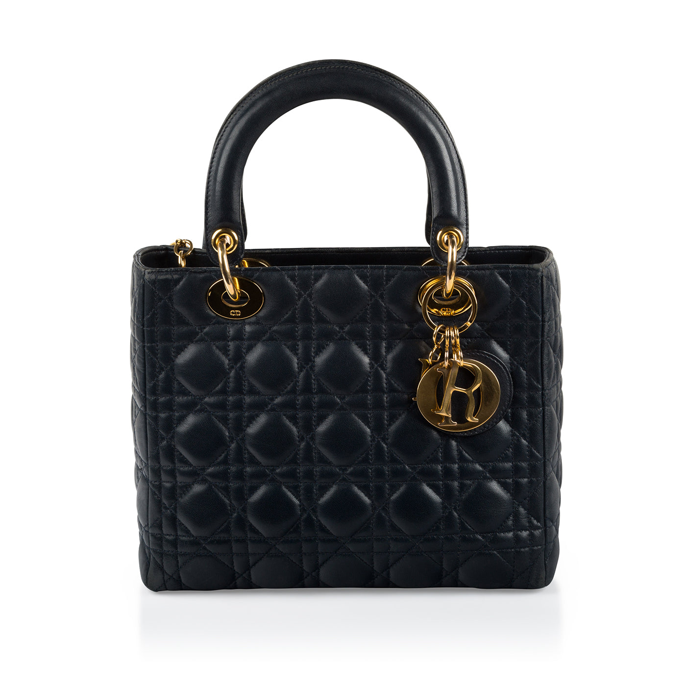 Dior Christian Lady Shoulder Bag Medium Blue Lambskin Ghw