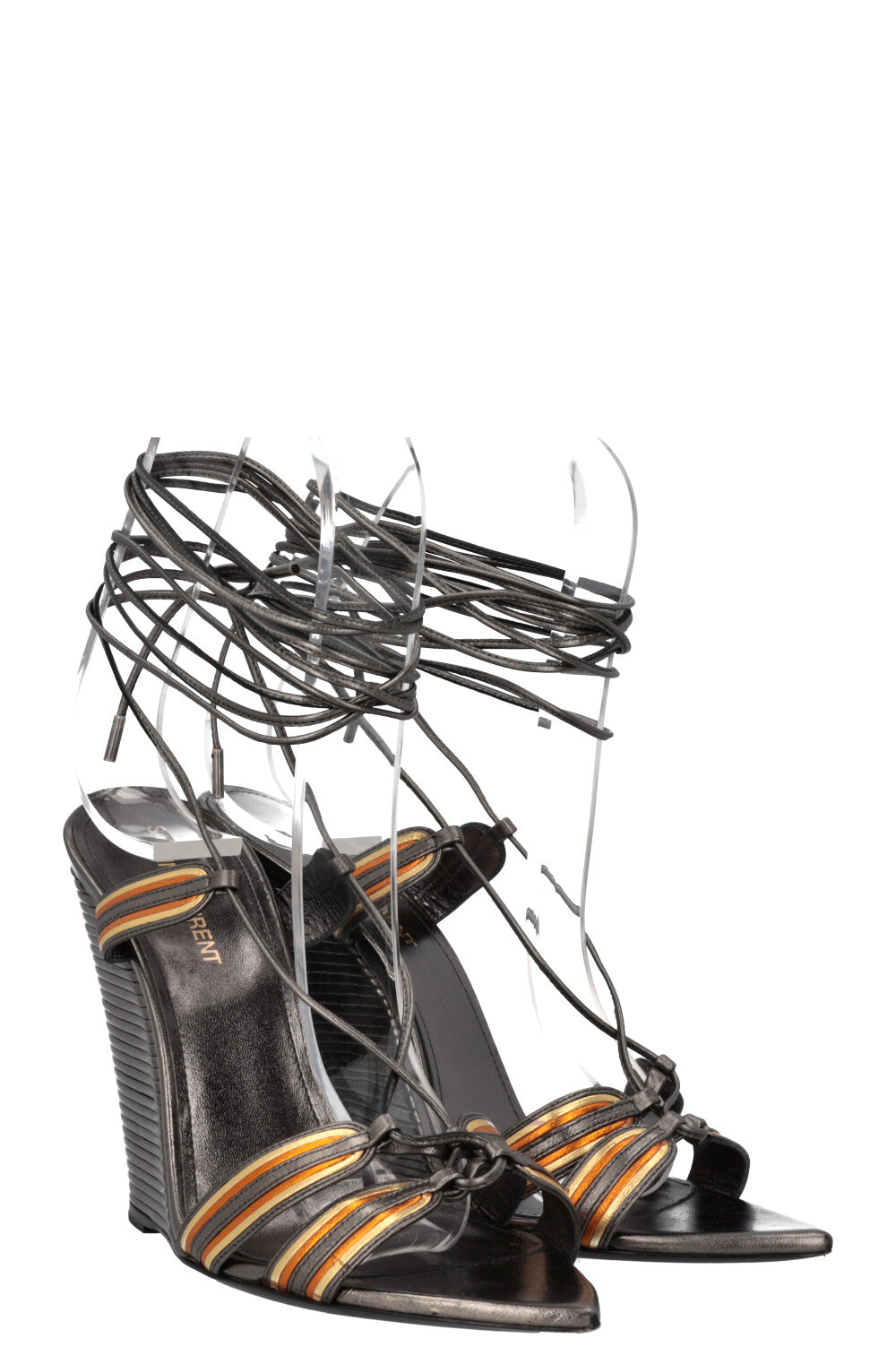 YSL Saint Laurent Wrap Up Wedge Heels Metallic Shoes
