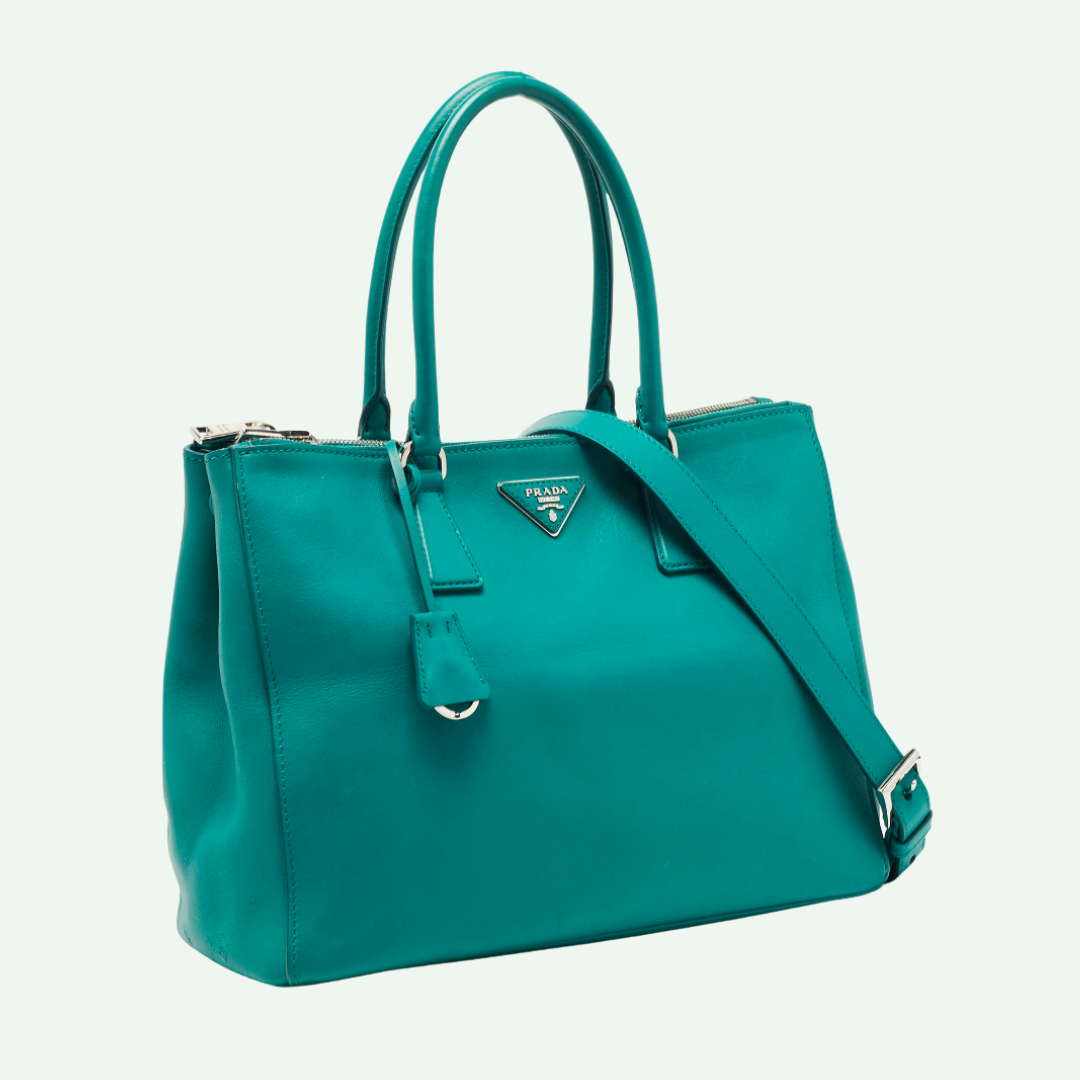 Prada City Calf Galleria Double Tote Bag Leather Green Medium