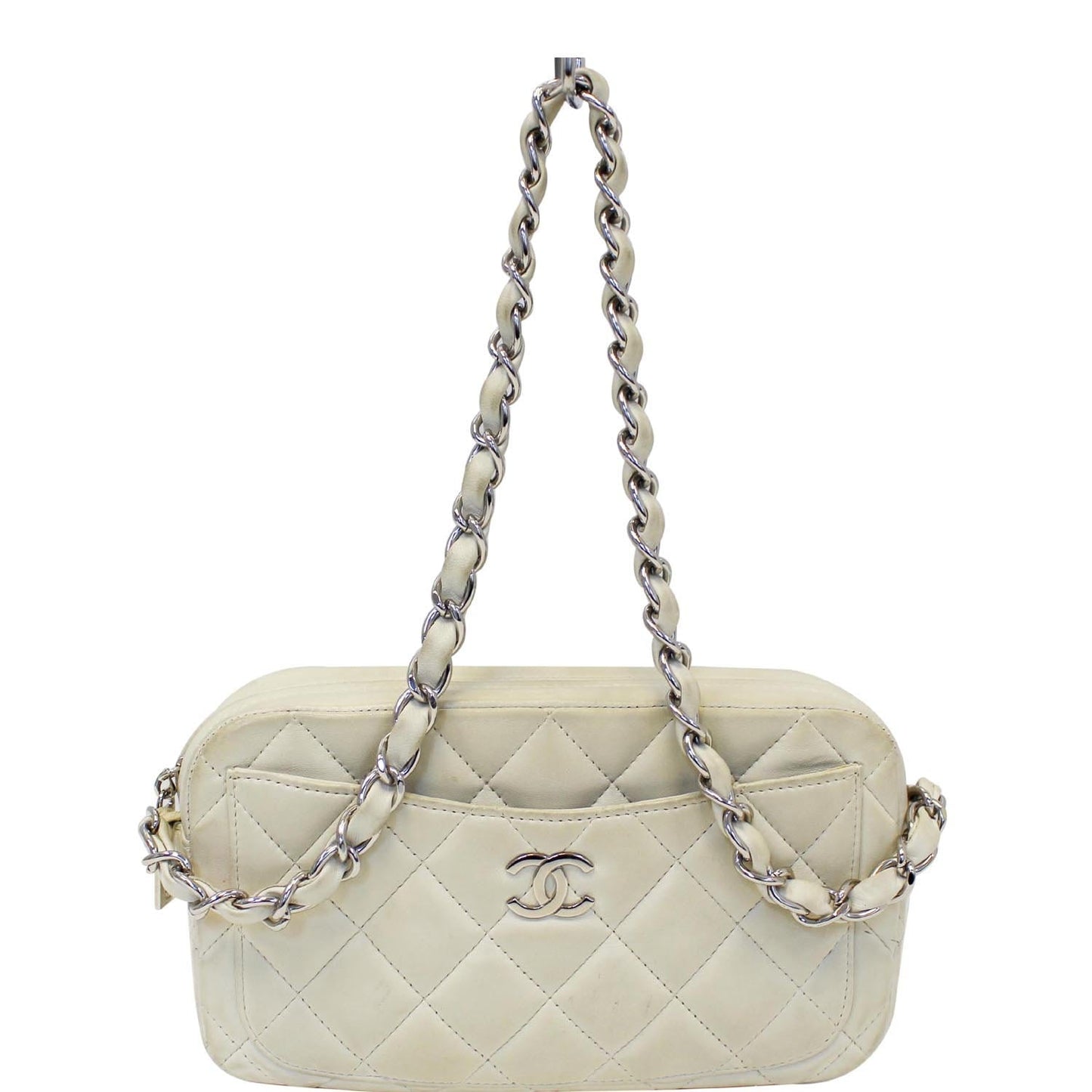 Chanel Quilted Camera Leather White Travel Bag