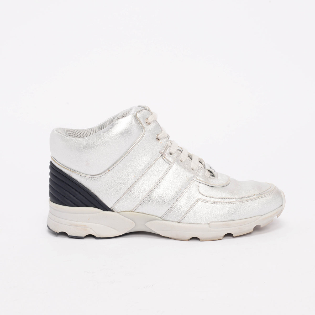 Chanel Silver Metallic Leather High Top Sneakers 39 for Women