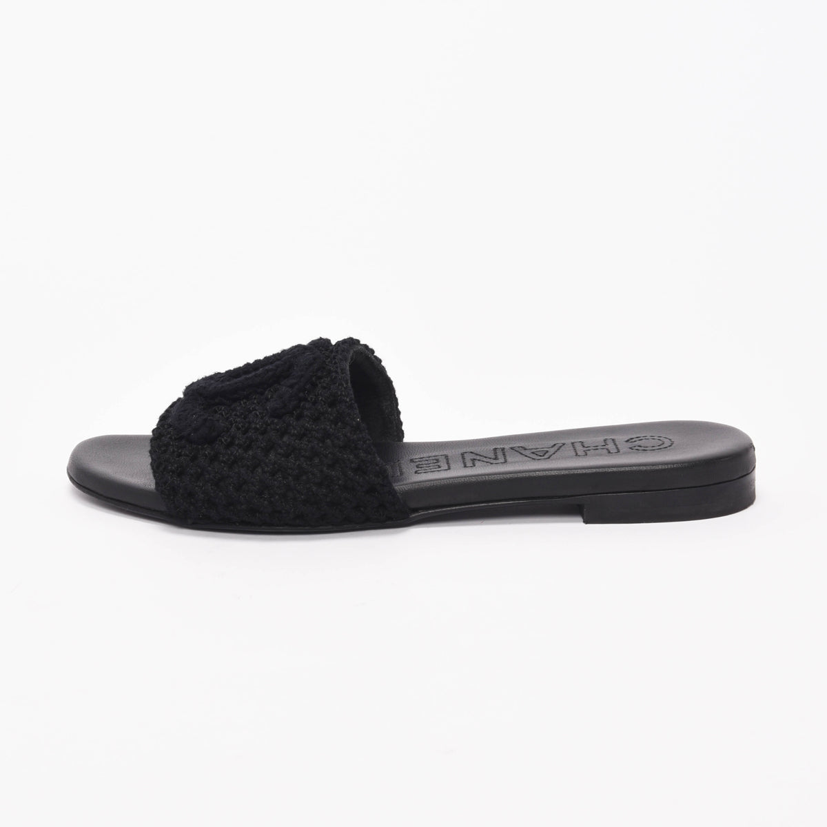 Chanel Black Crochet Knit CC Slides 35 for Women