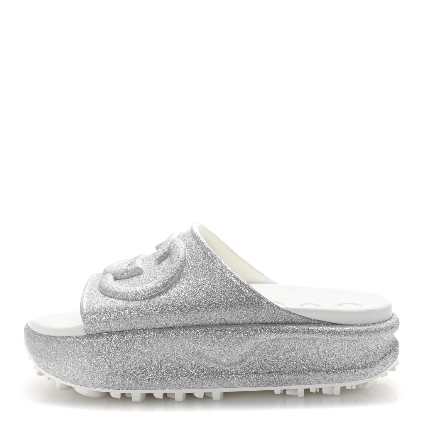 Gucci Glitter Rubber Womens InterLocking G Platform 42mm Slide Sandals 37 Silver