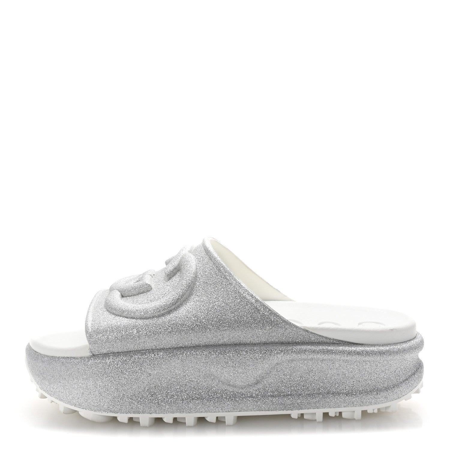 Gucci Glitter Rubber Womens InterLocking G Platform 42mm Slide Sandals 37 Silver