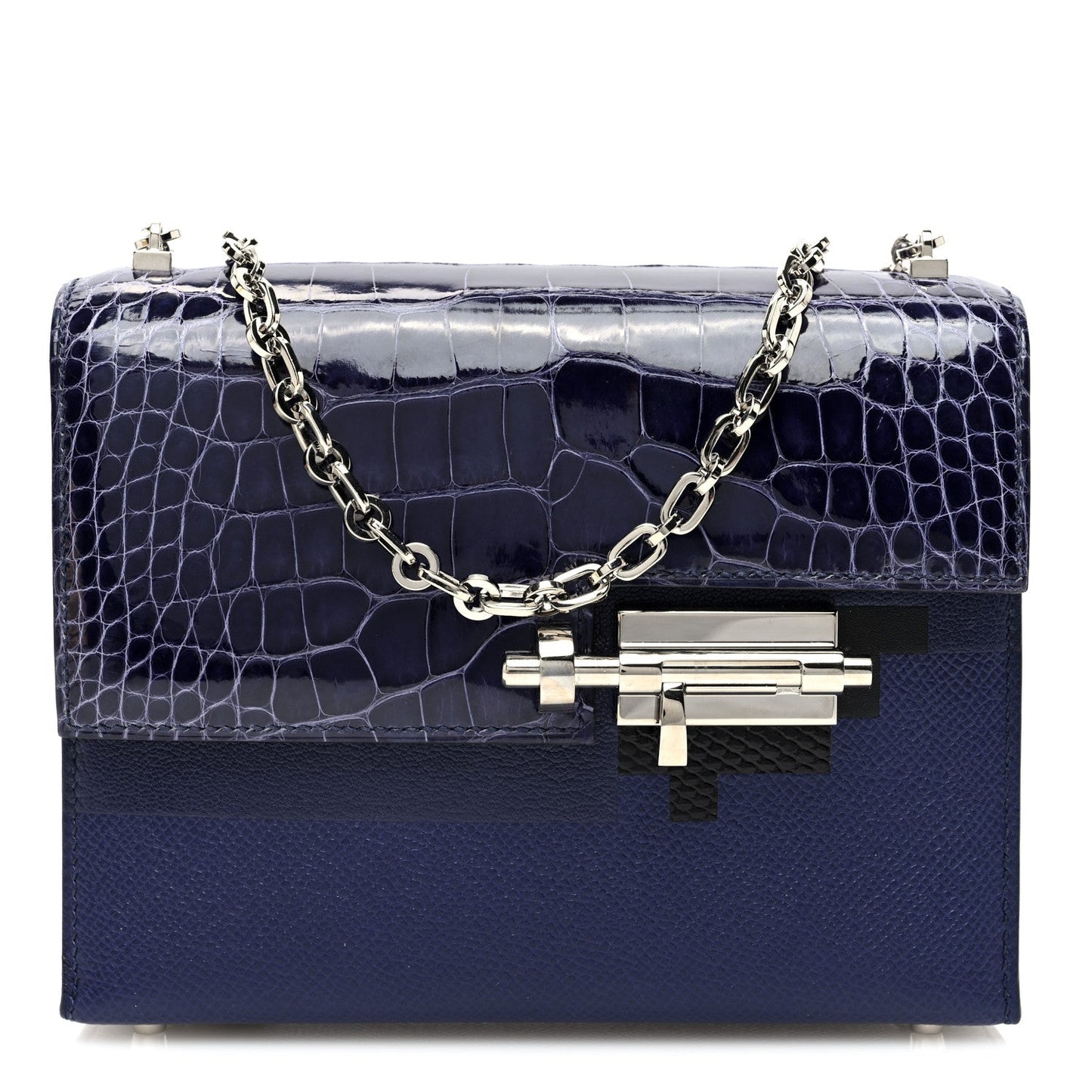 Hermes Epsom Shiny Alligator Verrou Chaine Bag Bleu Encre Black Mini Travel Bag