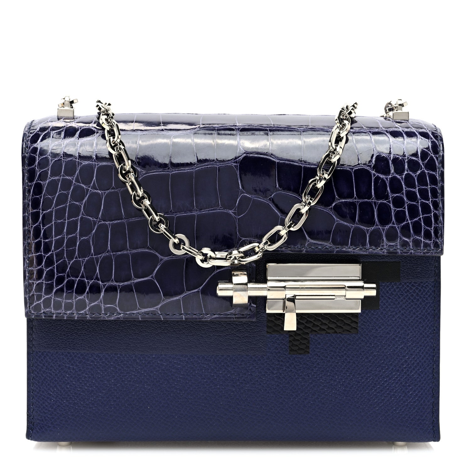 Hermes Epsom Shiny Alligator Verrou Chaine Bag Bleu Encre Black Mini Travel Bag