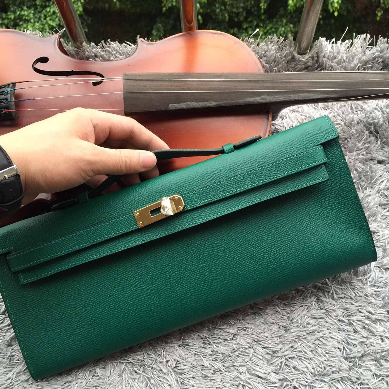 Hermes Luxury Handcrafted Kelly Cut Clutch Handbag Green Clutch Bag