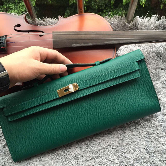 Hermes Luxury Handcrafted Kelly Cut Clutch Handbag Green Clutch Bag