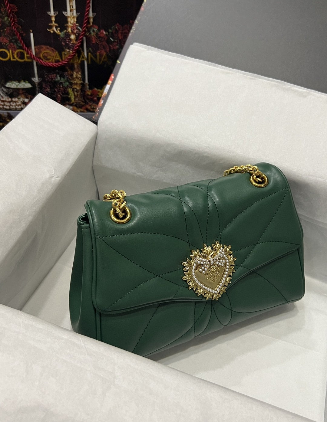 Devotion Nappa Quilted Green Large Shoulder Bag