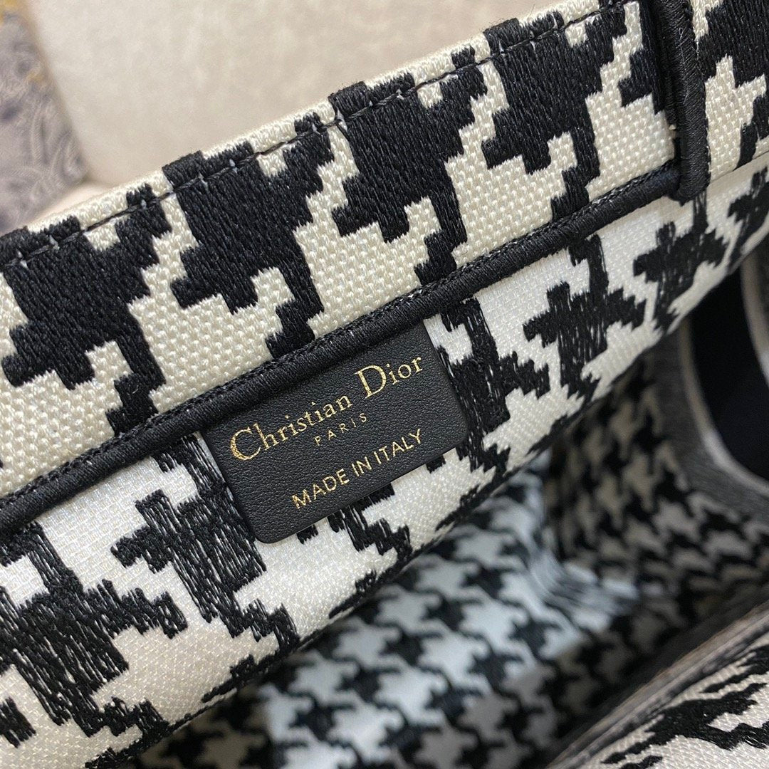 Book Houndstooth Embroidery Cd Black White Large Book Tote Shoulder Bag