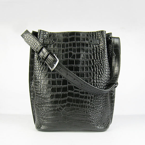 Hermes Luxury Crocodile Vein Shoulder Bag Black Silver