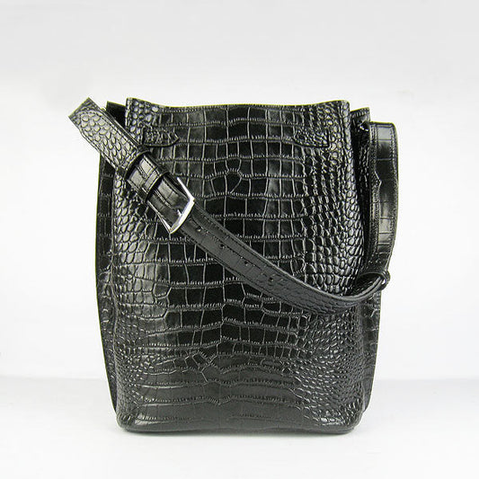 Hermes Luxury Crocodile Vein Shoulder Bag Black Silver