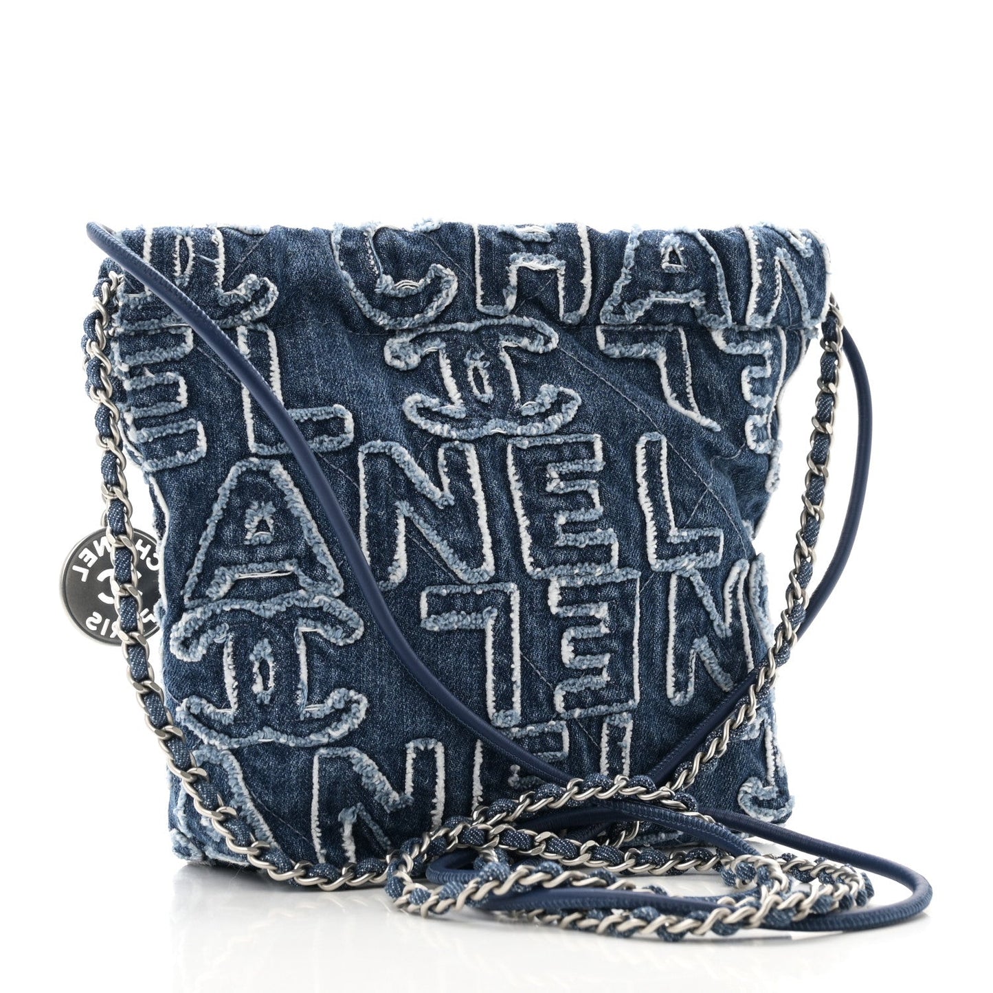 Chanel Washed Denim Logo Embroidered Mini 22 Blue Bag