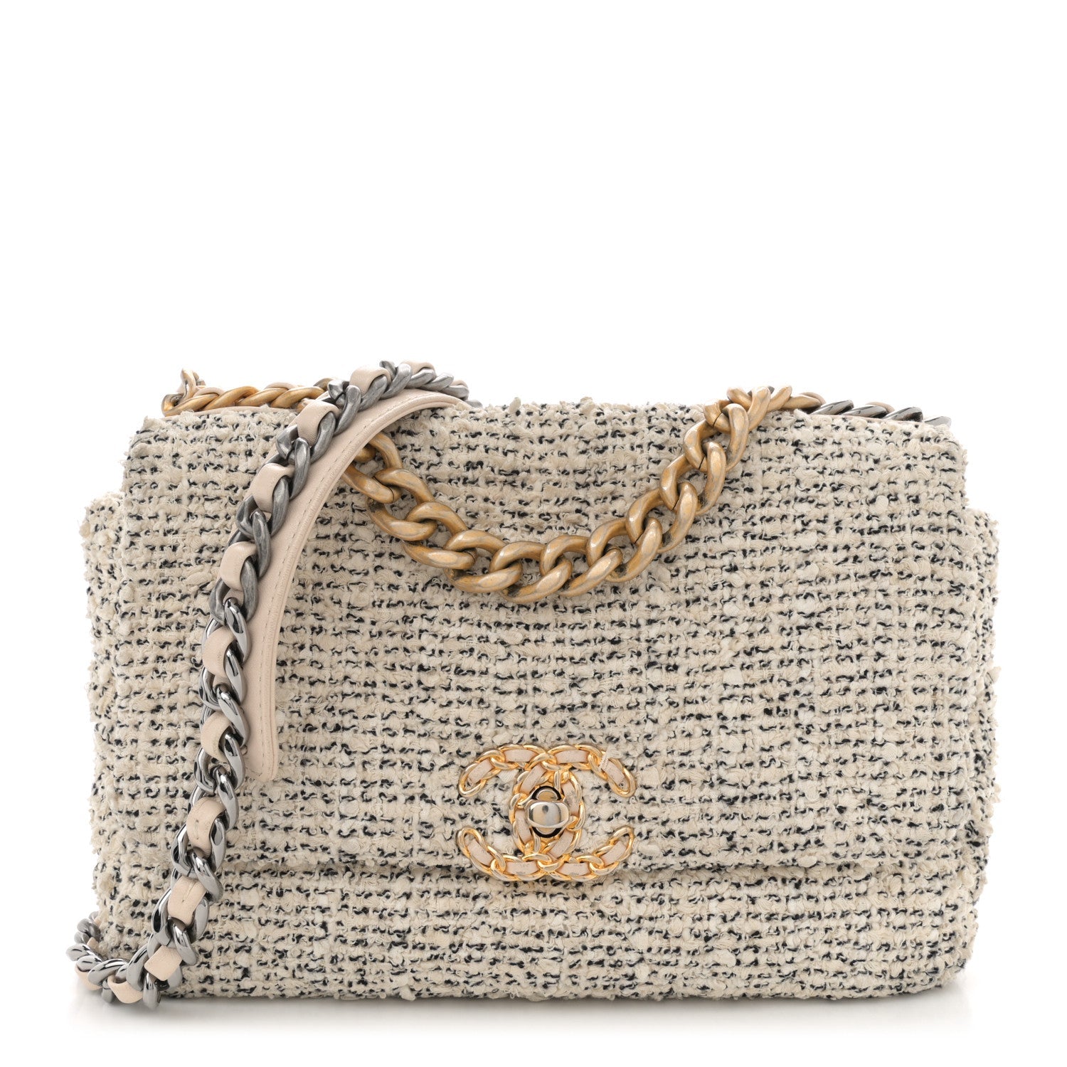 Chanel Tweed Quilted Medium 19 Flap Ecru Black Bag