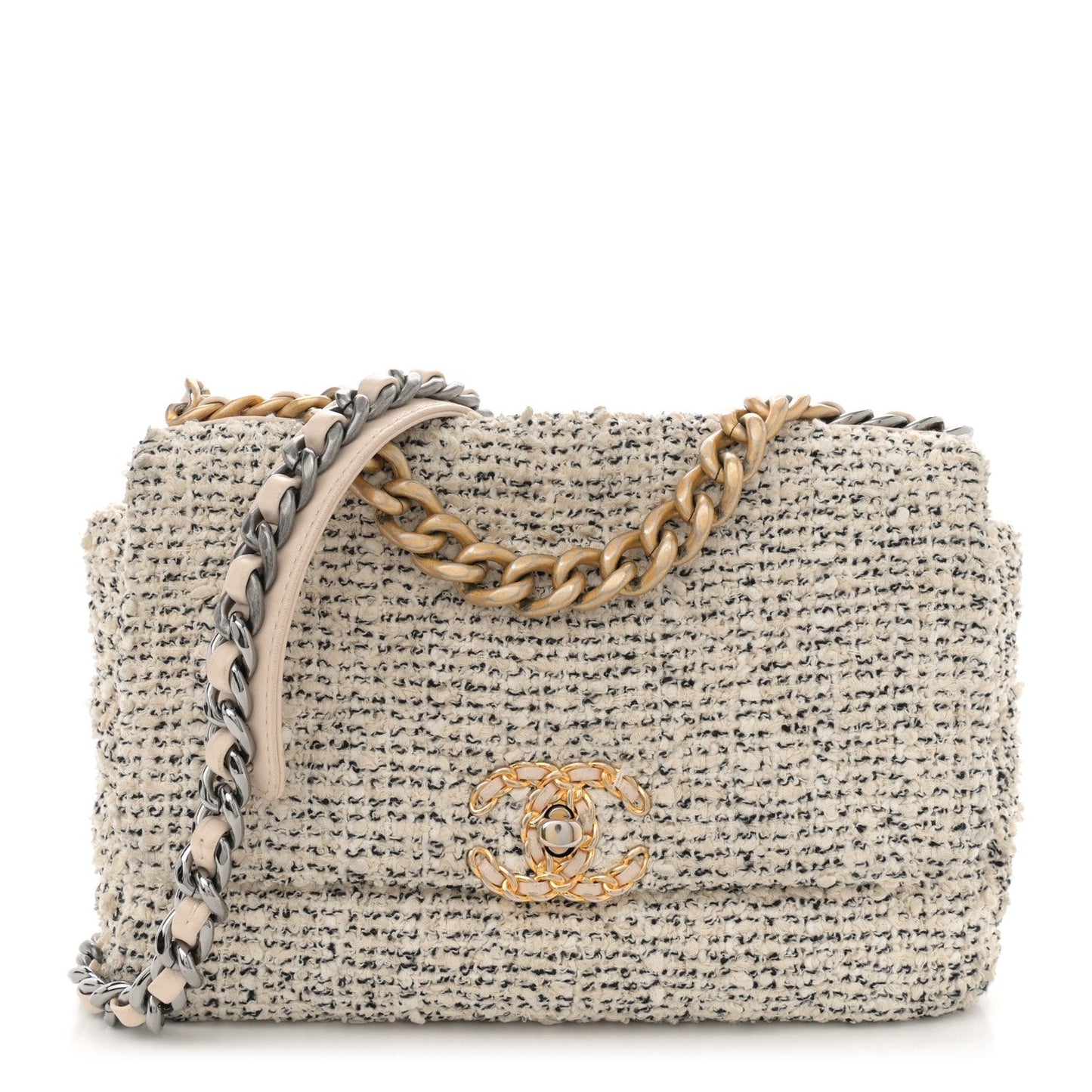 Chanel Tweed Quilted Medium 19 Flap Ecru Black Handbag