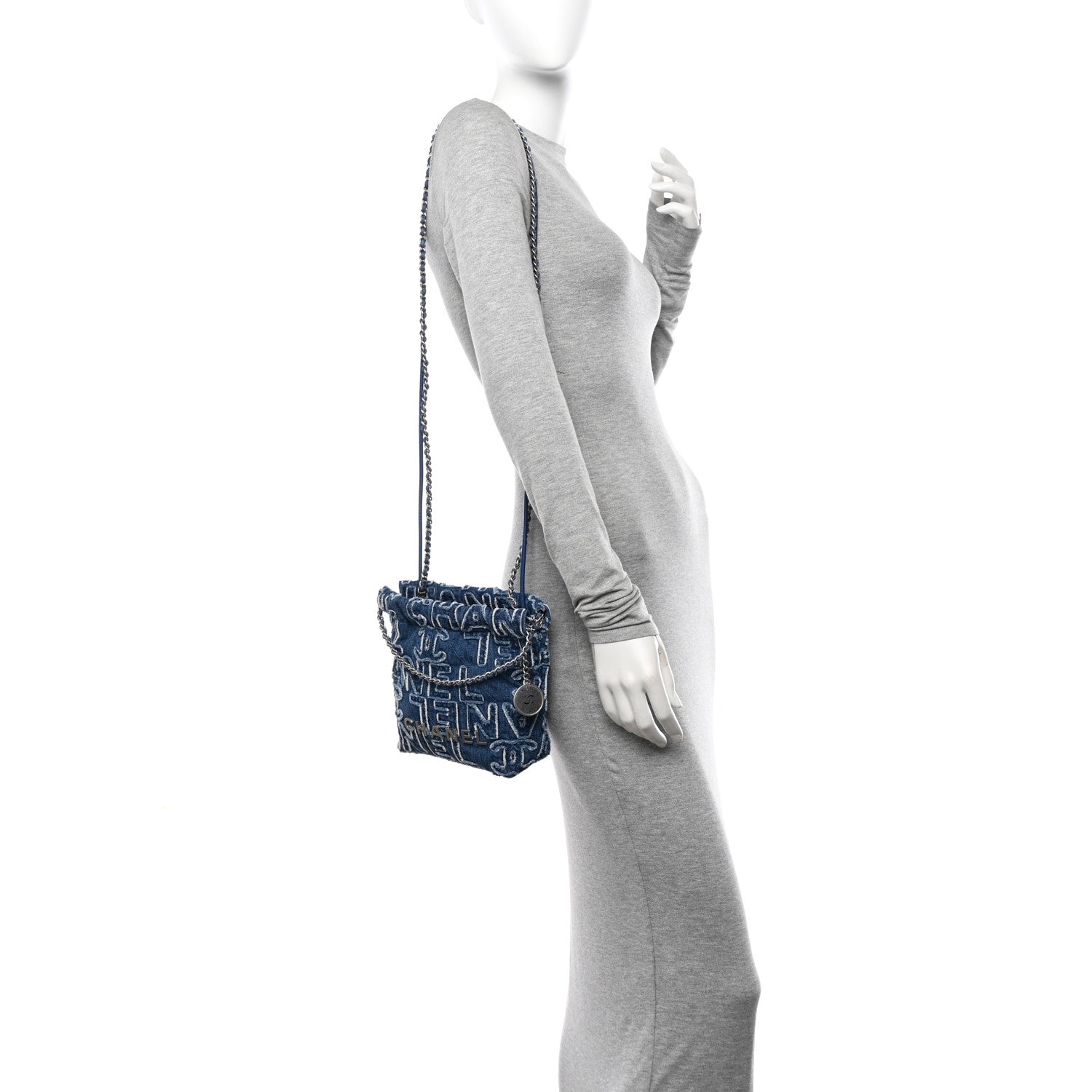 Chanel Washed Denim Logo Embroidered Mini 22 Blue Handbag