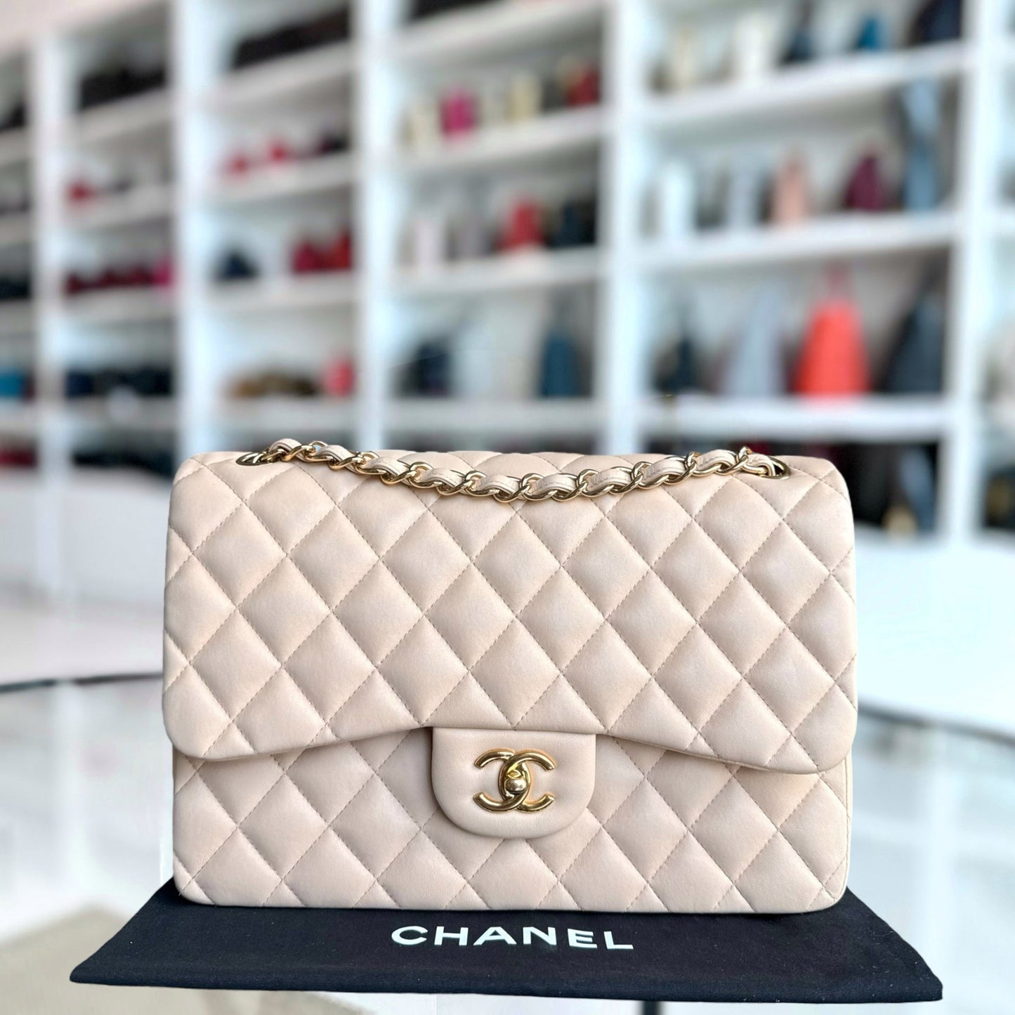 Chanel Classic Flap Jumbo - Double Flap 30CM Quilted Lambskin Beige Gold Hardware Series 19