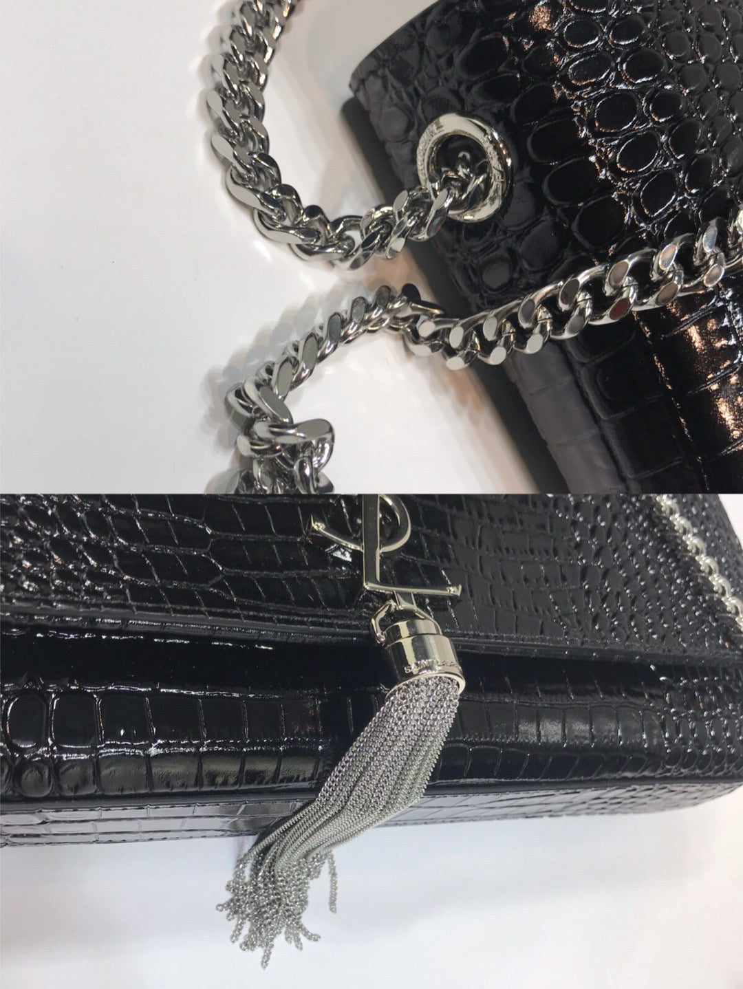 YSL Saint Laurent Kate Tassel Embossed Crocodile 9in Black Medium Chain Handbag Ysl 354119Dnd0N1000