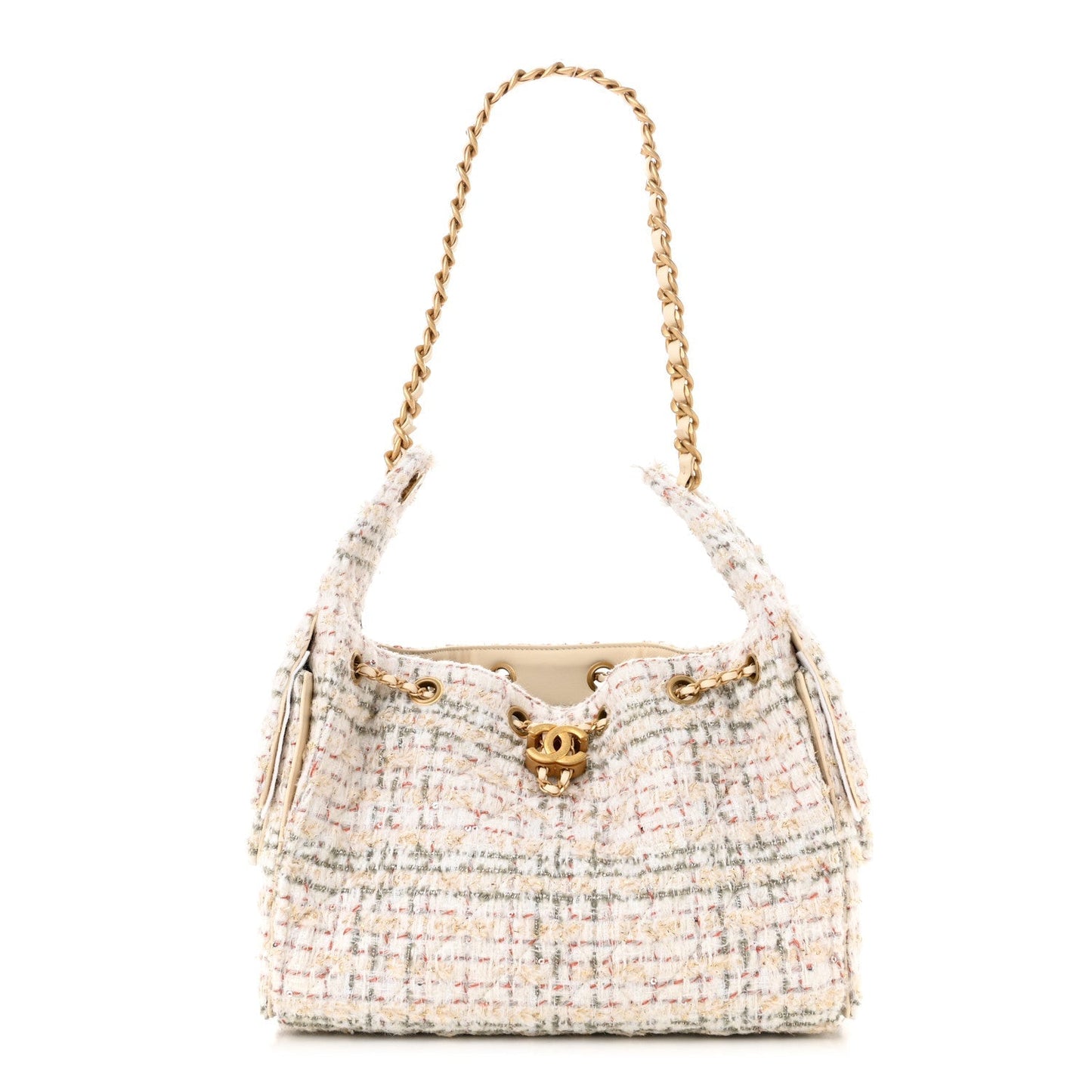 Chanel Tweed Quilted Small 25 Handbag Ecru Khaki Gold Red