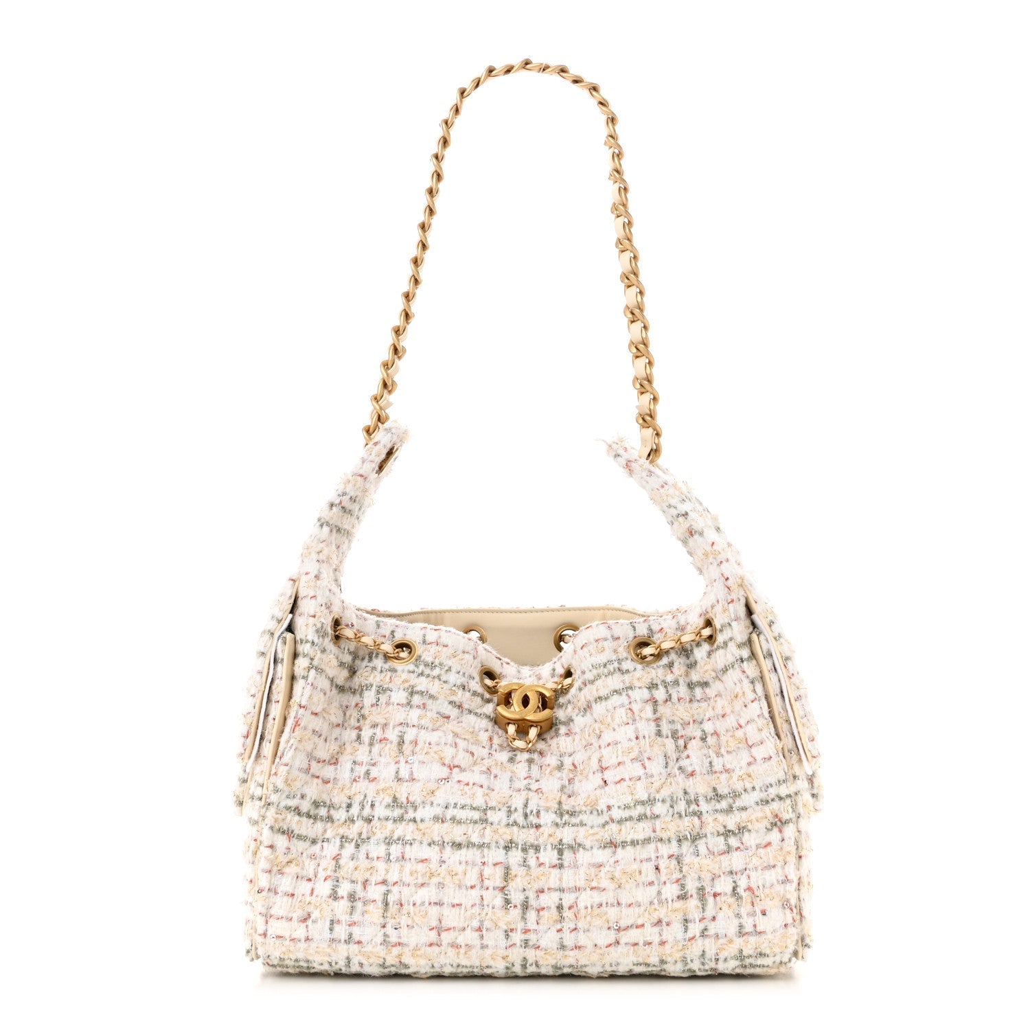 Chanel Tweed Quilted Small 25 Handbag Ecru Khaki Gold Red