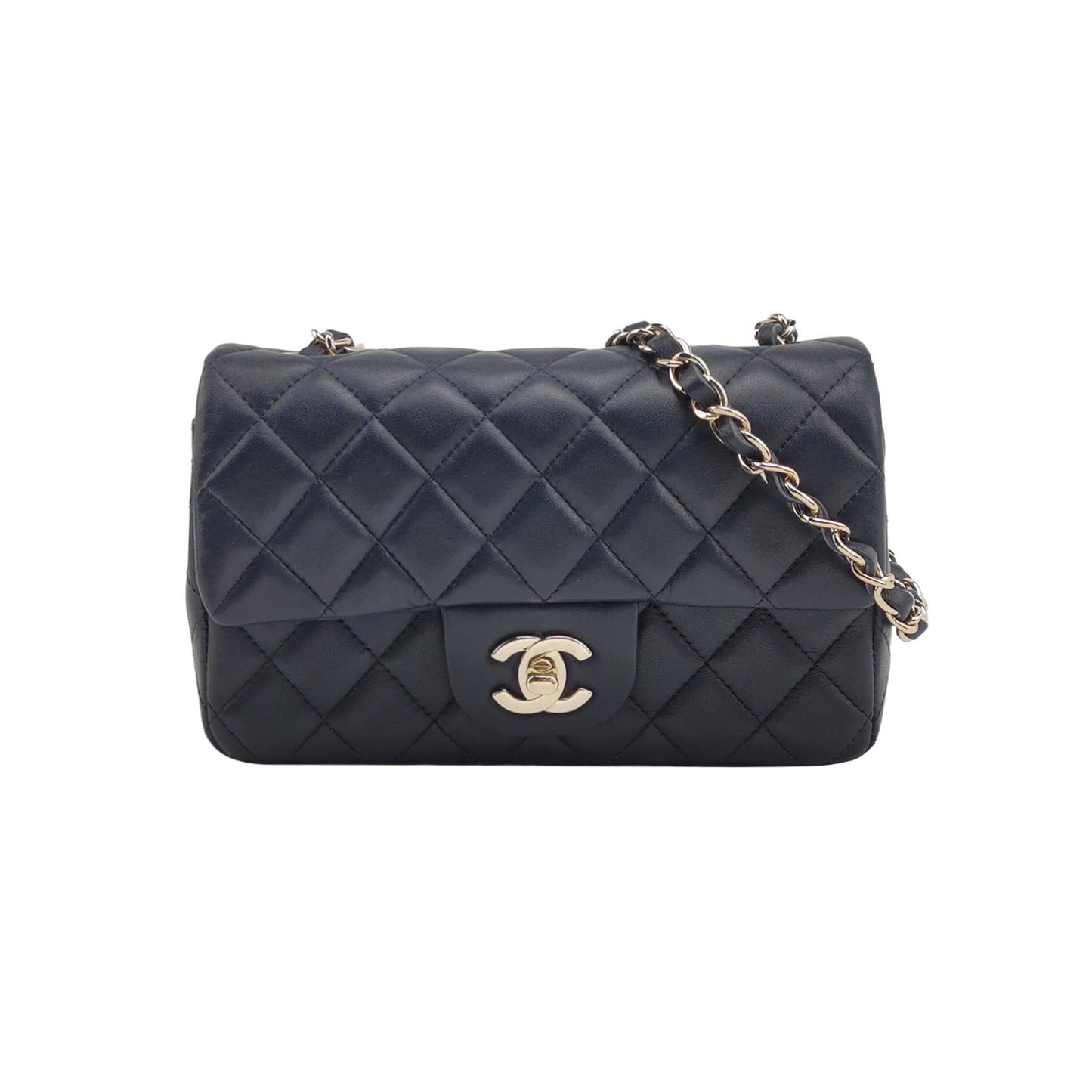 Chanel Classic Flap Rectangular Navy Lambskin Hardware Gold Leather Mini Bag
