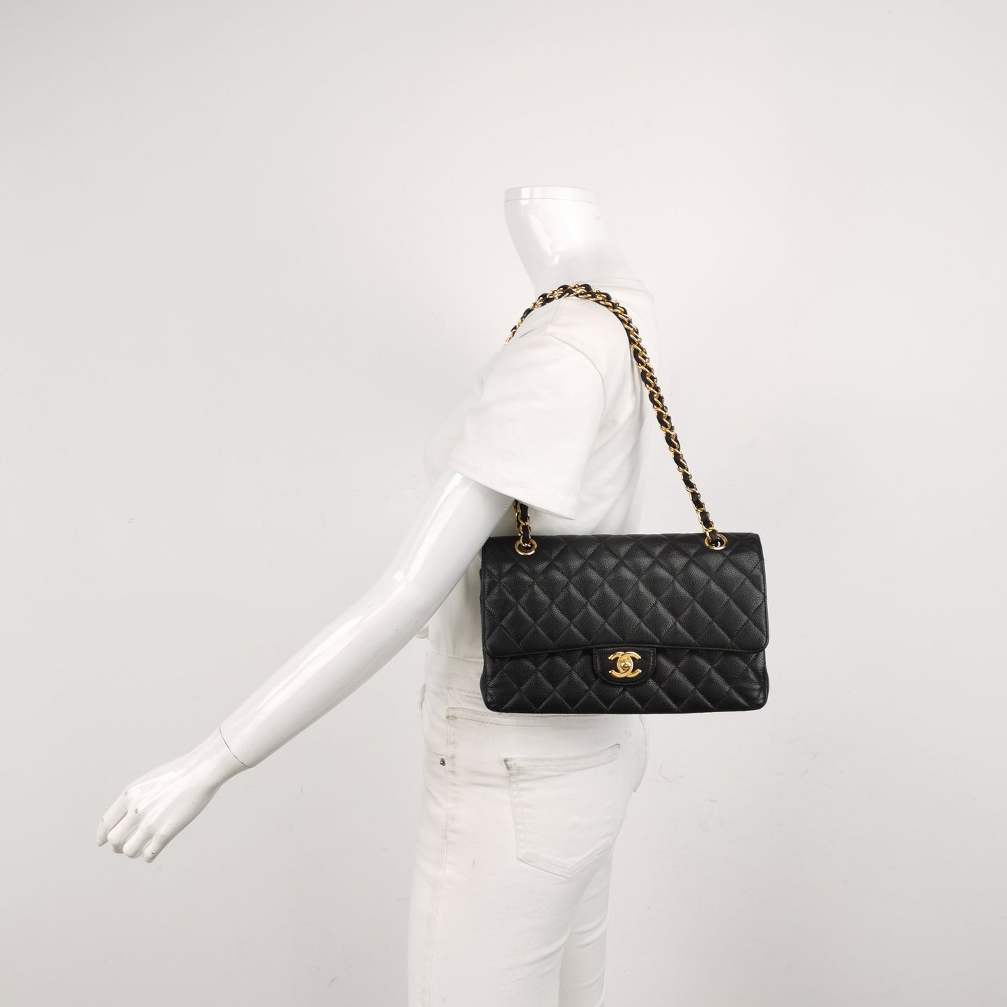 Chanel Classic Flap Caviar Hardware Black Gold Leather Handbag Gold Hardware