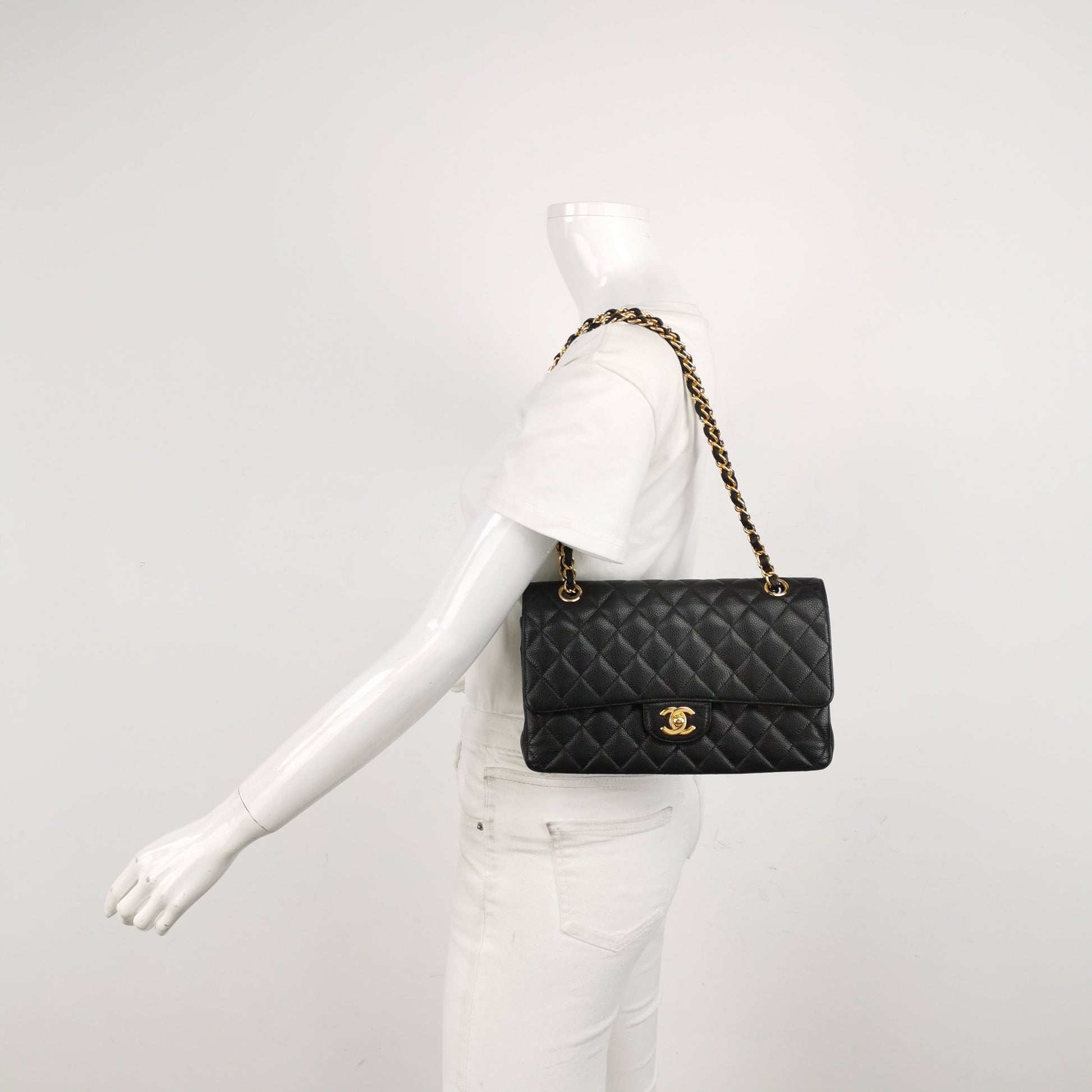 Chanel Classic Flap Caviar Hardware Black Gold Leather Handbag Gold Hardware