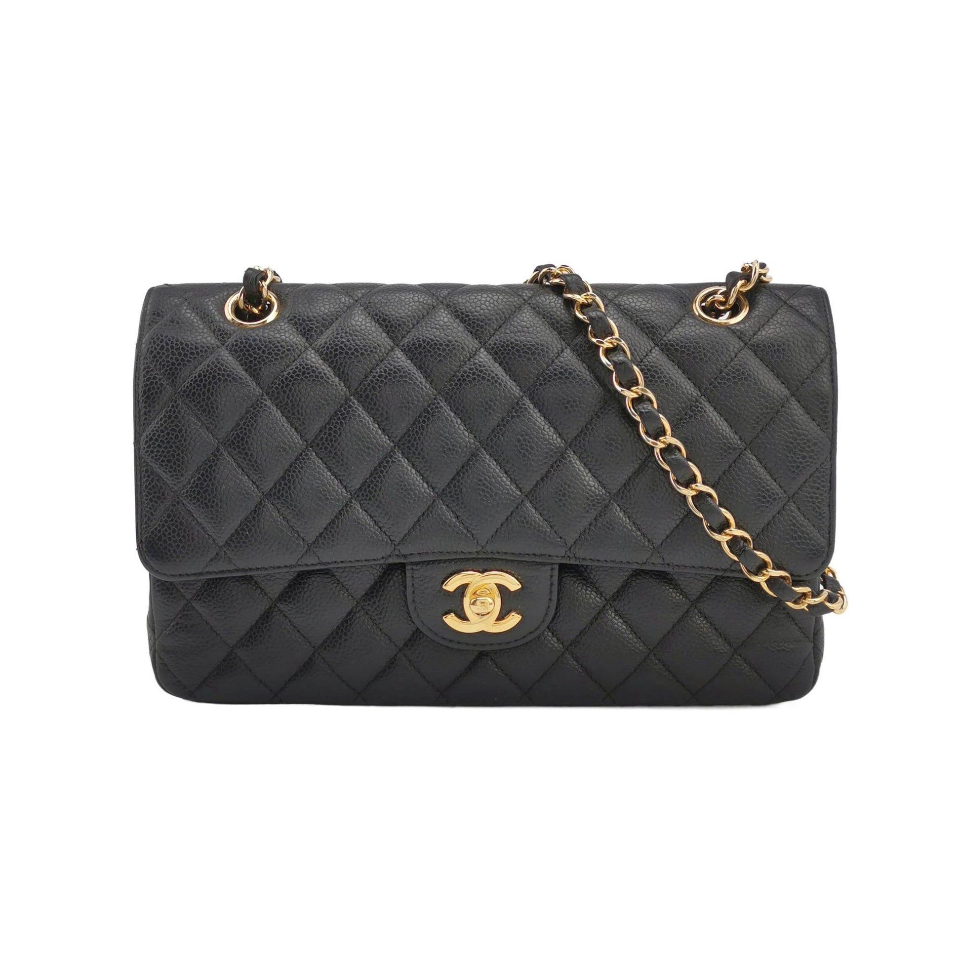Chanel Classic Flap Caviar Hardware Black Gold Leather Handbag Gold Hardware