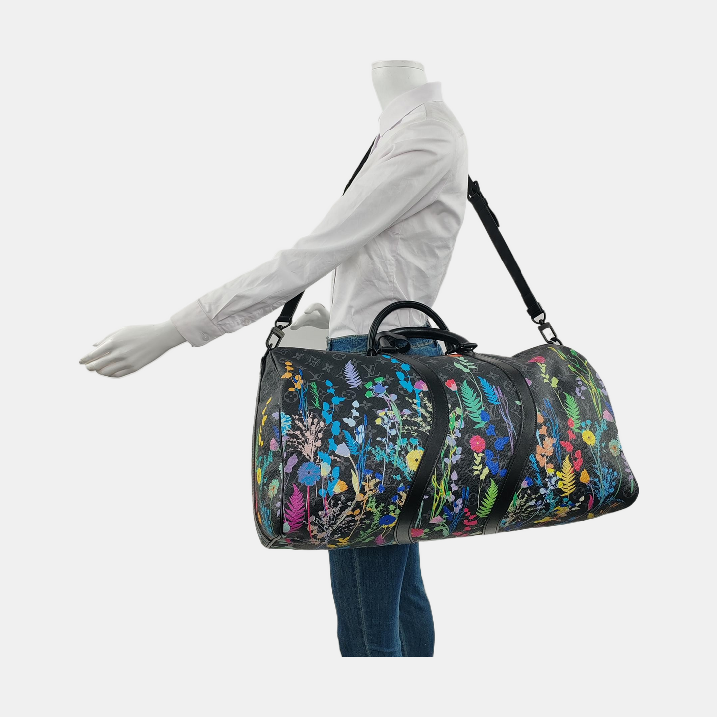 Louis Vuitton Keepall 50 Bandouliere Flower Prints Monogram Black Travel Bag