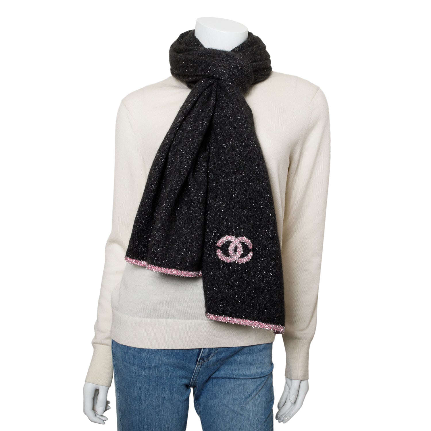 Chanel & Glitter CC Cashmere Scarf Black Pink
