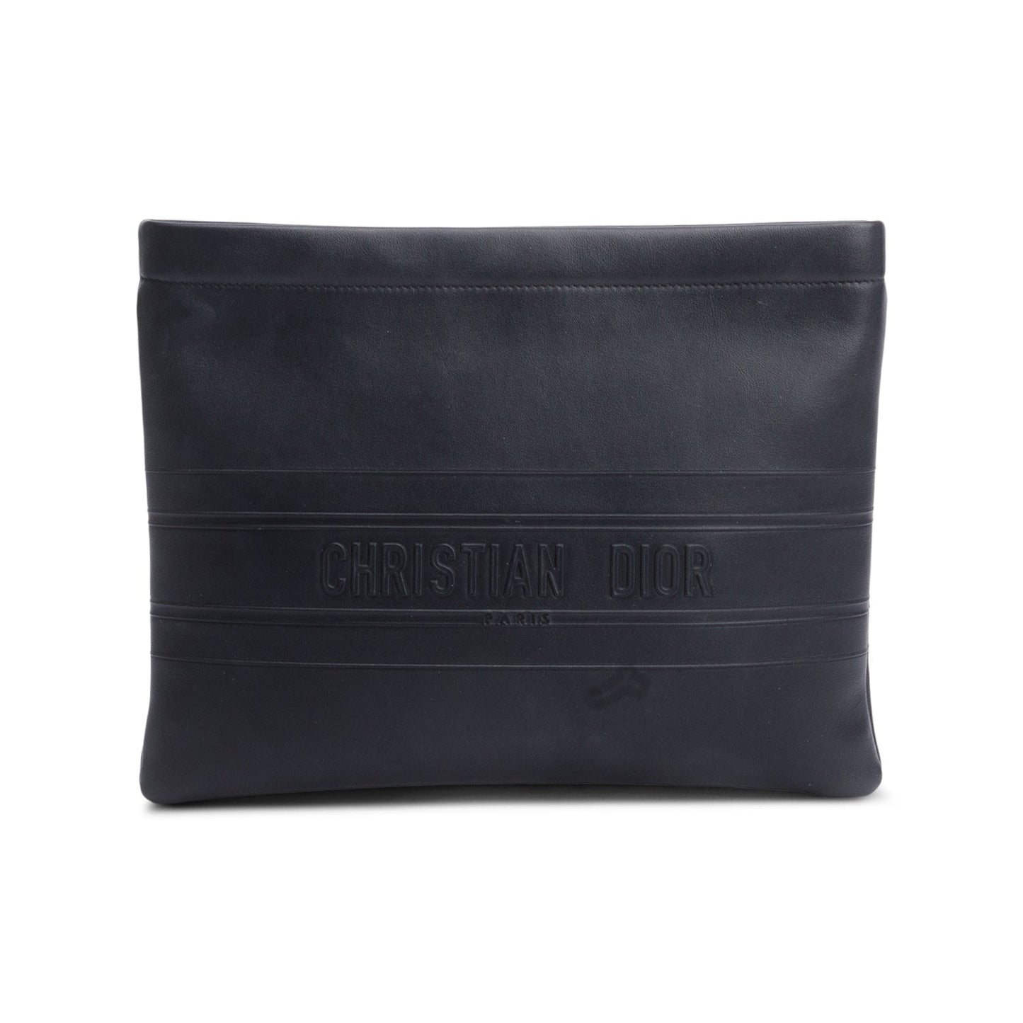 Dior Christian Calfskin Strip Zip Pouch Handbag Leather Black Travel Bag