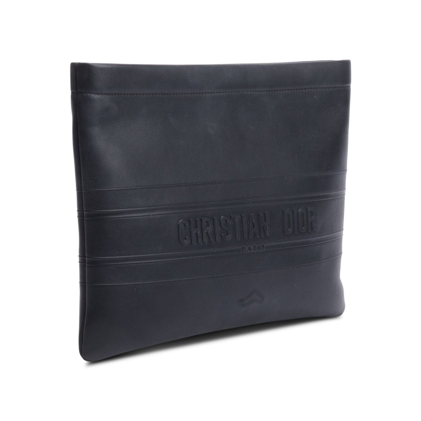 Dior Christian Calfskin Strip Zip Pouch Handbag Leather Black Travel Bag