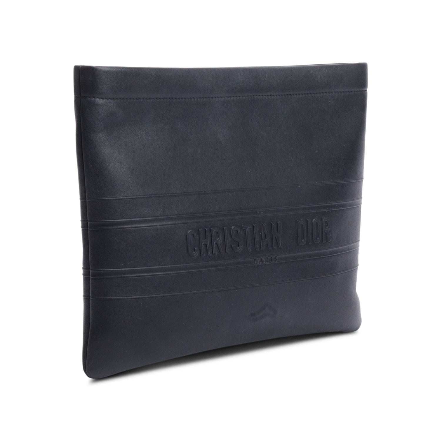 Dior Christian Calfskin Strip Zip Pouch Handbag Leather Black Travel Bag