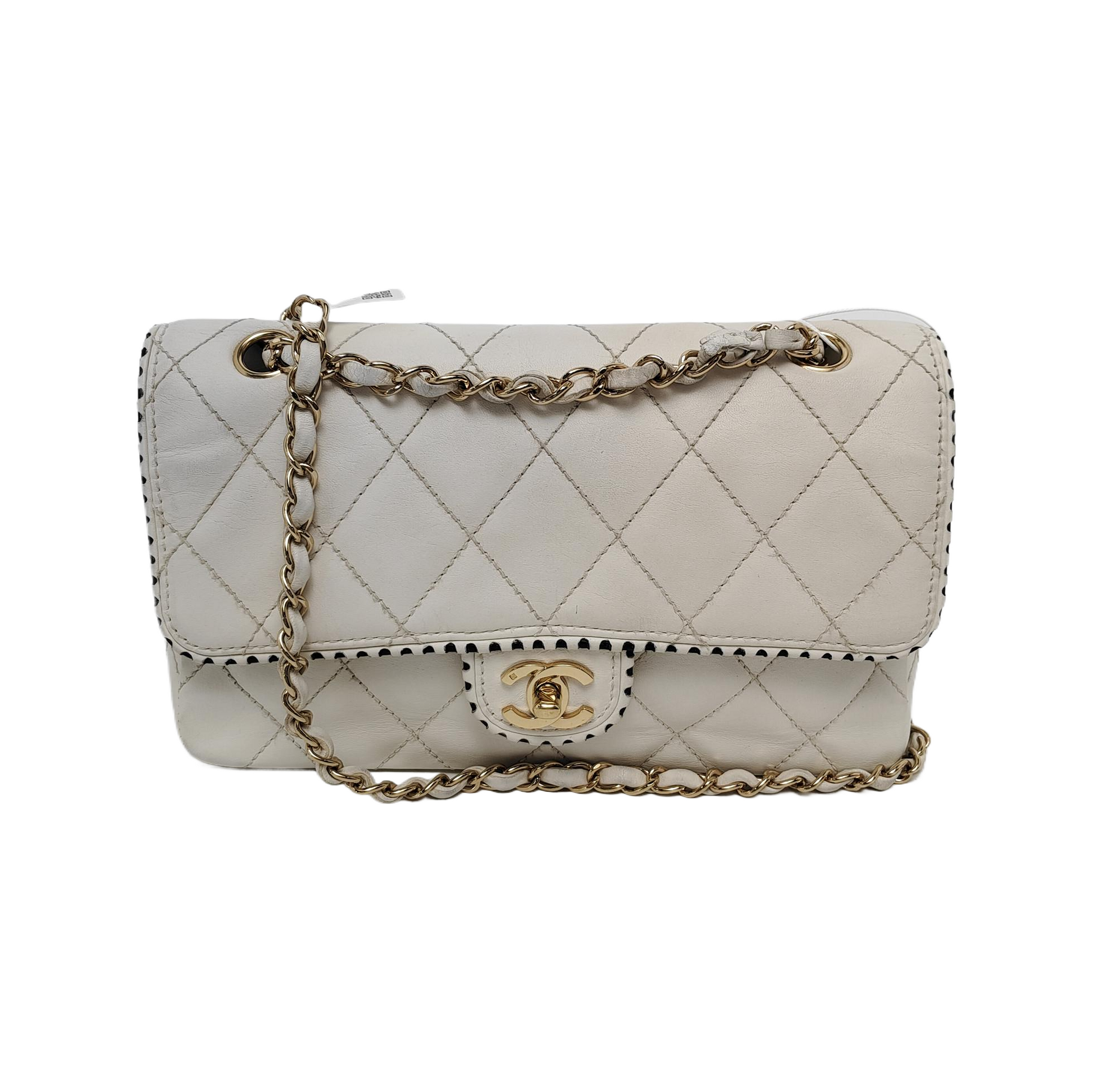 Chanel Classic Flap Happy Stitch Contrast Trim Black White Leather Handbag