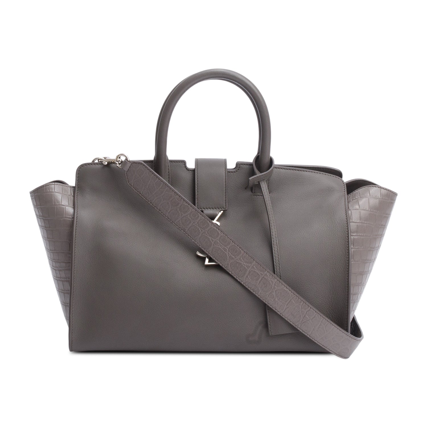 YSL Saint Laurent Grey Calfskin And Croc Embossed Downtown Baby Leather Tote Bag