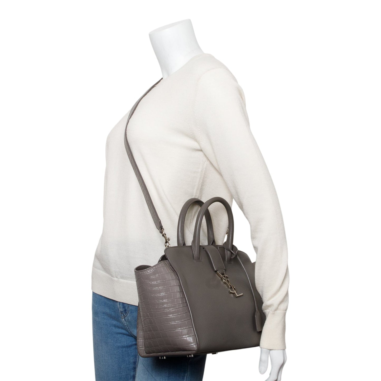 YSL Saint Laurent Grey Calfskin And Croc Embossed Downtown Baby Leather Tote Bag