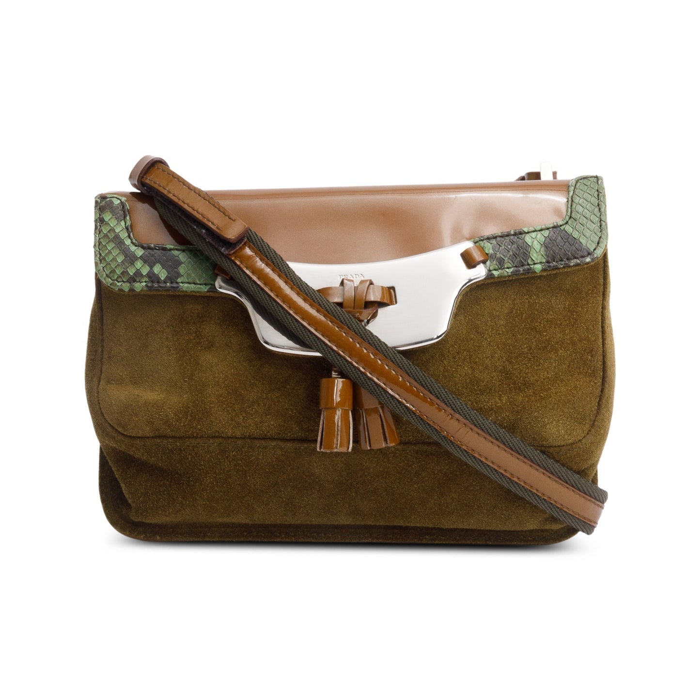 Prada Patent Green Python And Trimmed Mini Shoulder Leather Suede Shoulder Bag