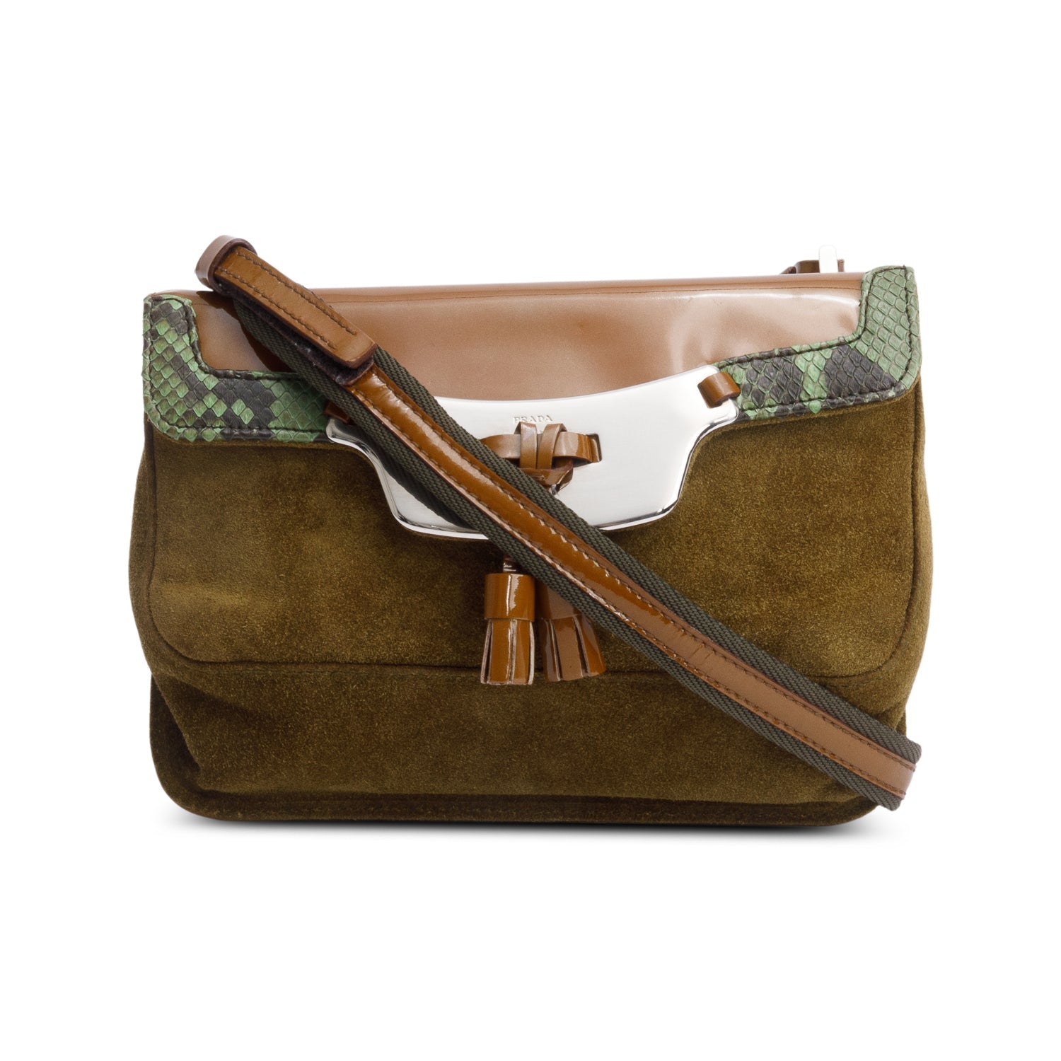 Prada Patent Green Python And Trimmed Mini Shoulder Leather Suede Shoulder Bag