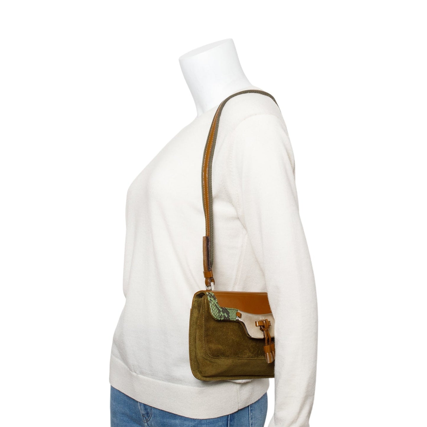 Prada Patent Green Python And Trimmed Mini Shoulder Leather Suede Shoulder Bag