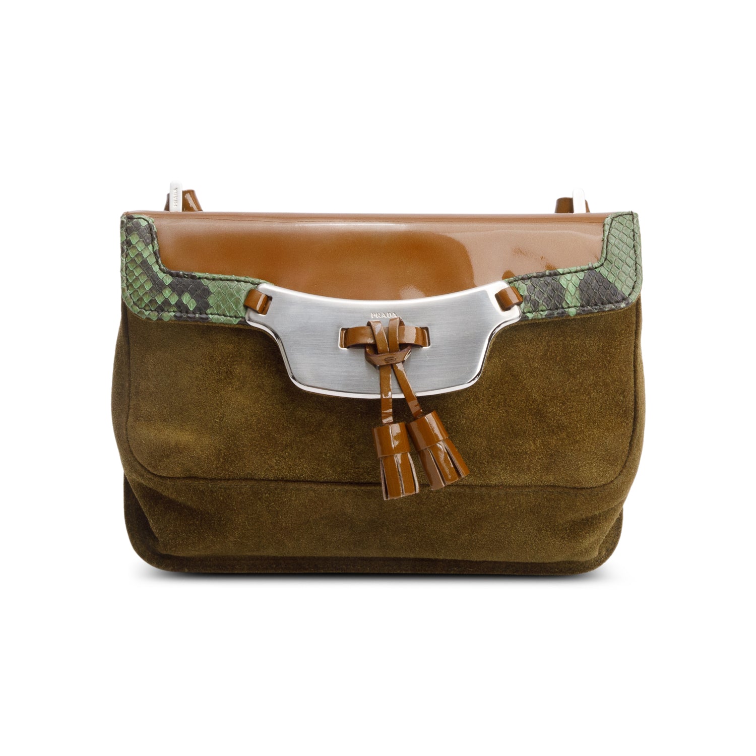 Prada Patent Green Python And Trimmed Mini Shoulder Leather Suede Shoulder Bag