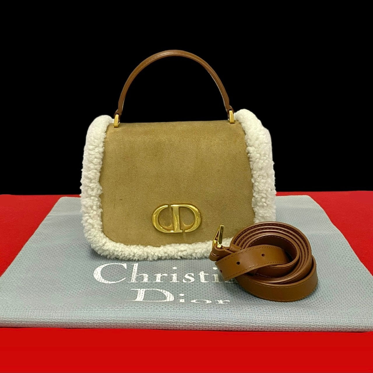 Dior Christian Montaigne Avenue Shearling 2Way Shoulder Bag Suede