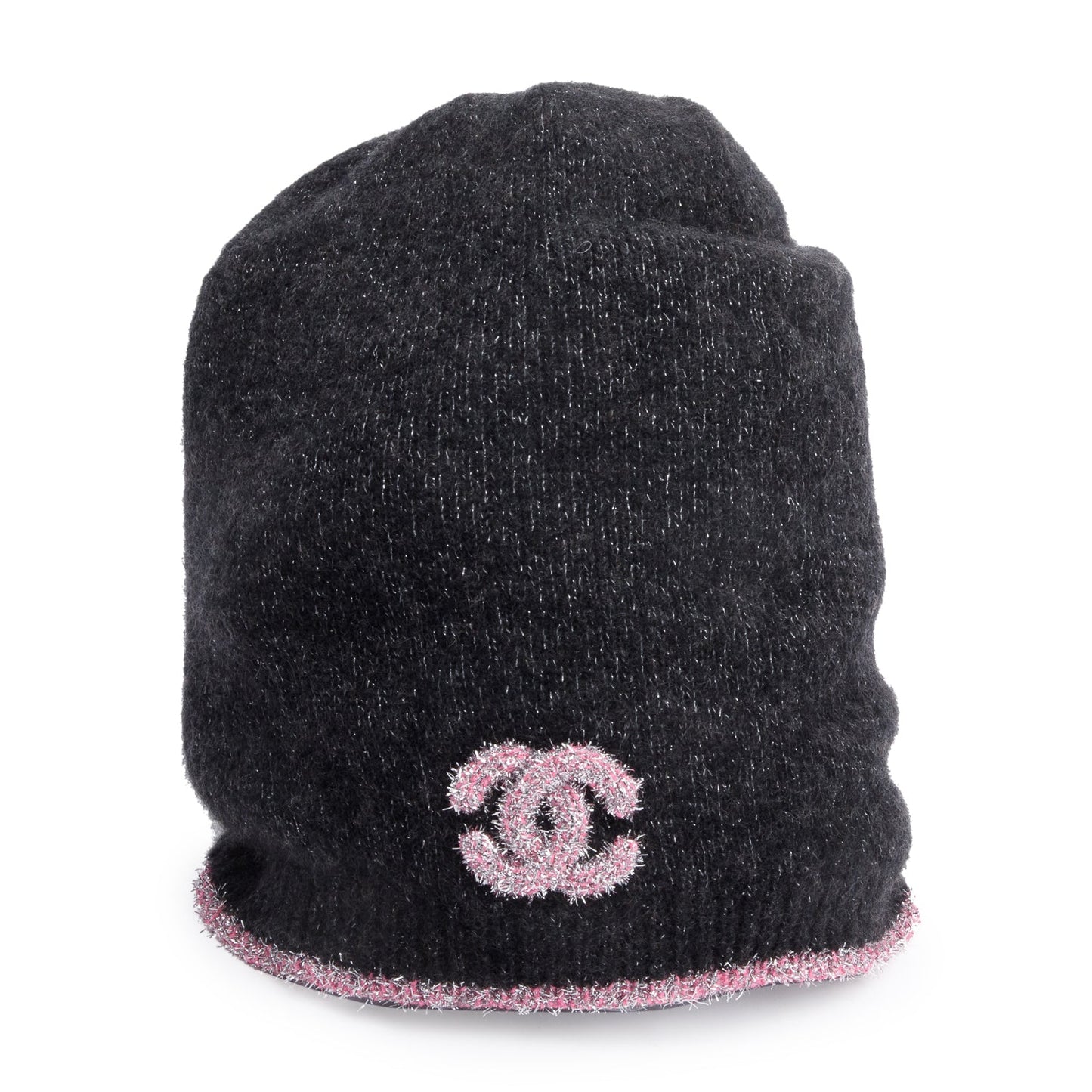 Chanel Glitter Cashmere CC Logo Beanie Black Pink Hat
