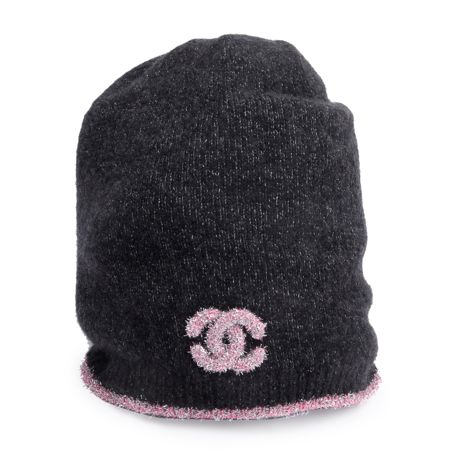 Chanel Glitter Cashmere CC Logo Beanie Black Pink Hat