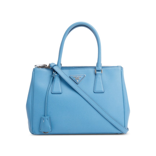 Prada Saffiano Double Zip Galleria Tote Handbag Leather Blue Tote Bag