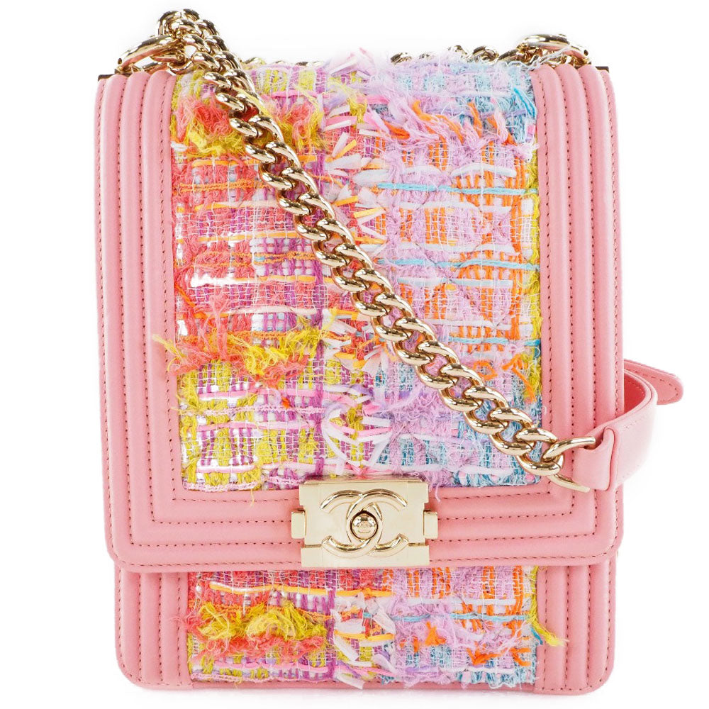 Chanel Tweed Lambskin COCO Mark Boy ChainShoulder Pink Shoulder Bag