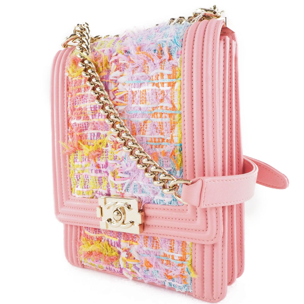 Chanel Tweed Lambskin COCO Mark Boy ChainShoulder Pink Shoulder Bag