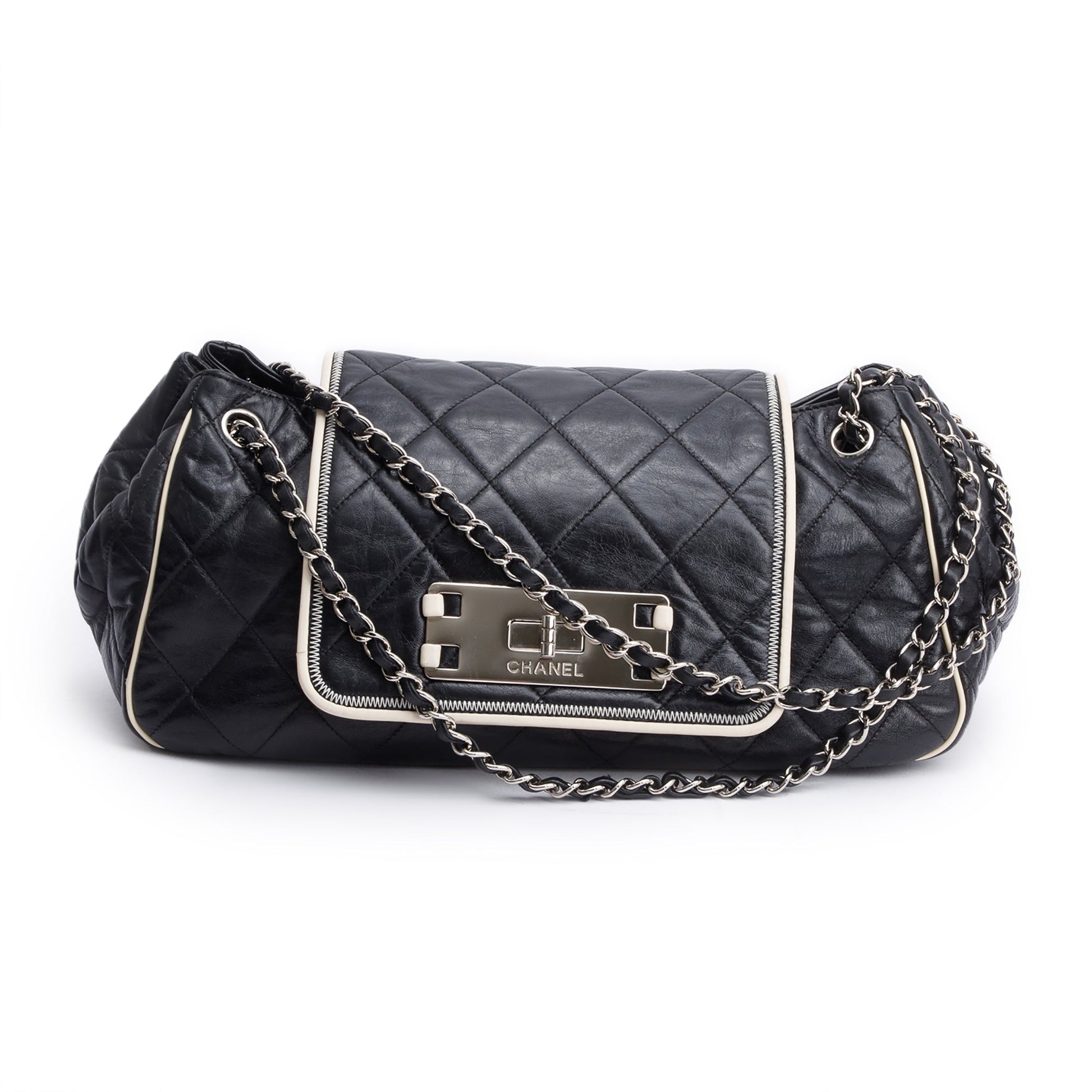 Chanel Quilted East West Mademoiselle Accordion Leather Calfskin Black Travel Bag