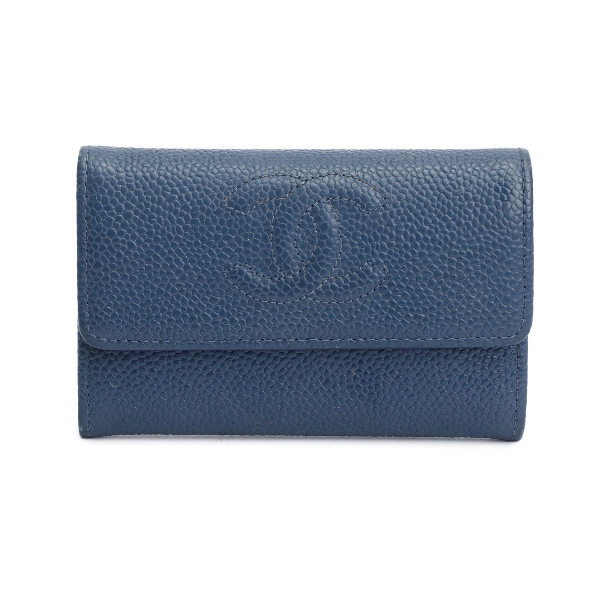 Chanel Navy Caviar Timeless CC Flap Leather Blue Wallet Case