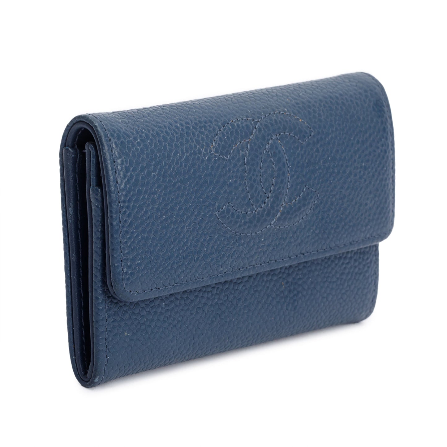 Chanel Navy Caviar Timeless CC Flap Leather Blue Wallet Case